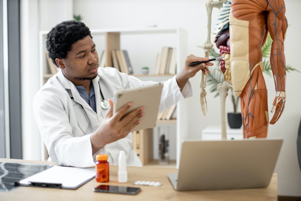 Physician with tablet pointing at small intestine of model