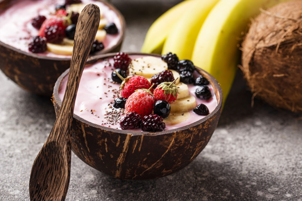 Acai bowl in coconut plate